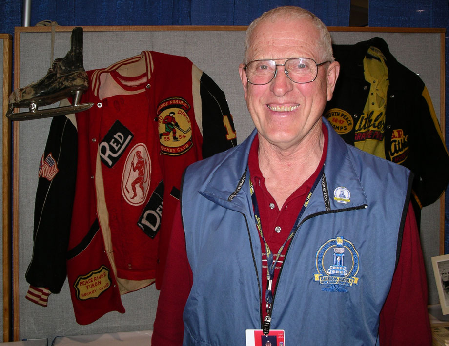 Bob Neufeld donated his old hockey equipment for the first Legends display during the 2004 Royal Bank Cup. It remains on display at Revolution Place - Photo by Stan Neufeld